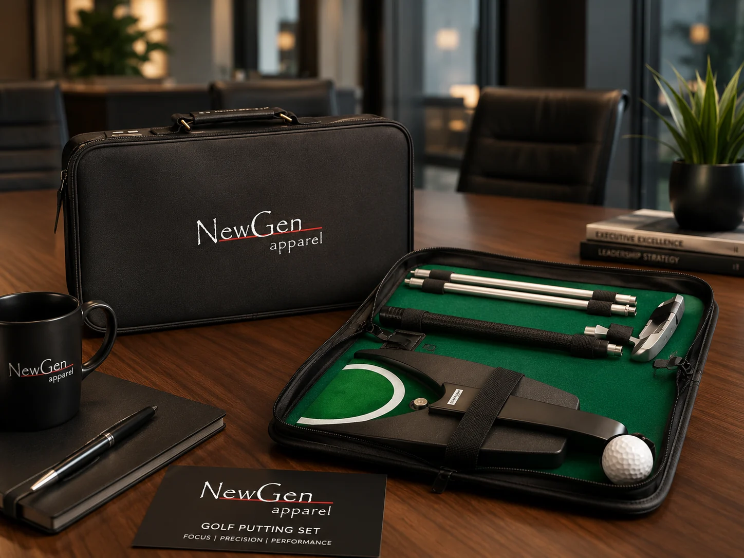 Branded putting set shown in a boardroom setting