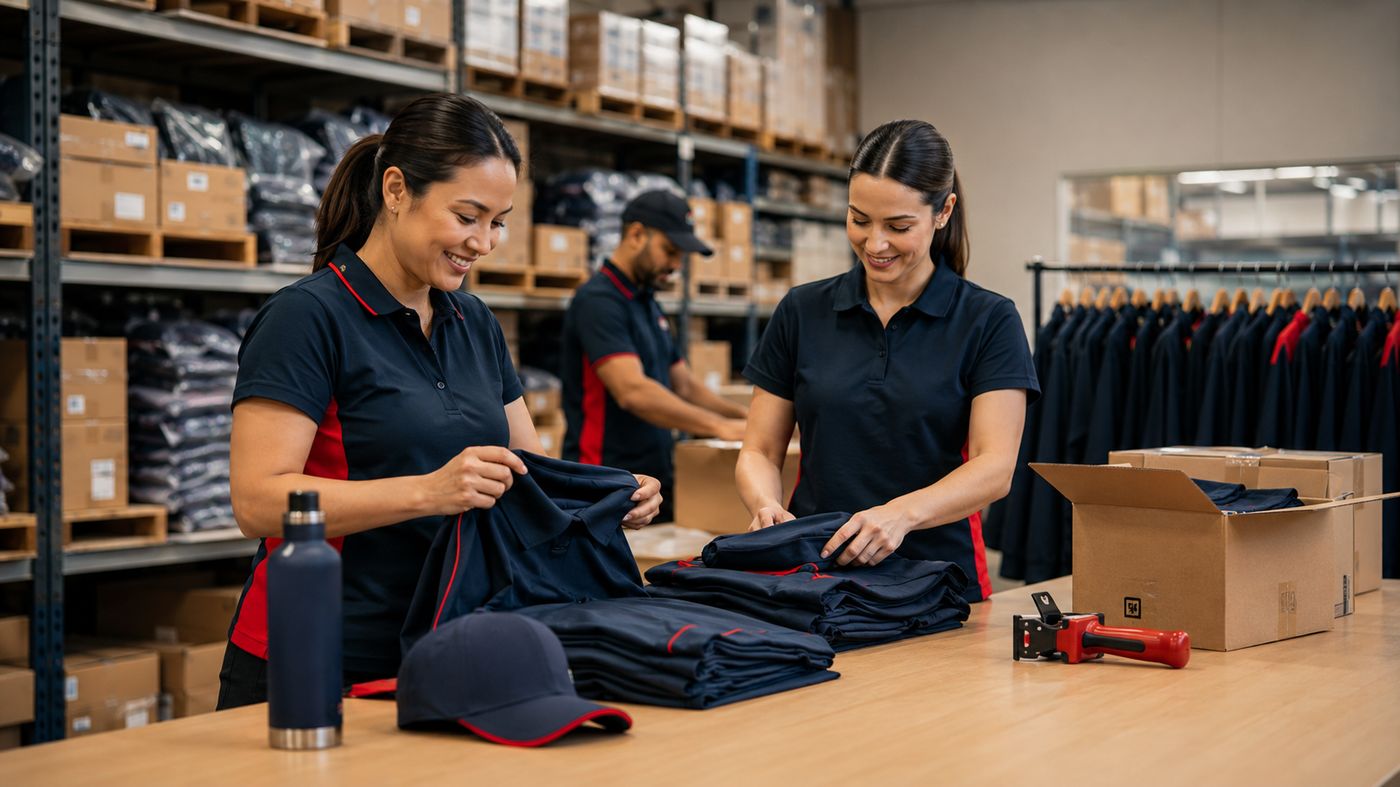 NewGen team handling uniforms and branded products in a warehouse