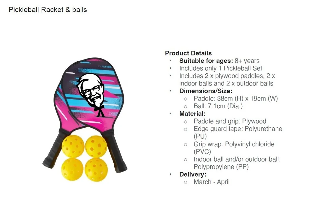 Pickleball product brief and dimensions