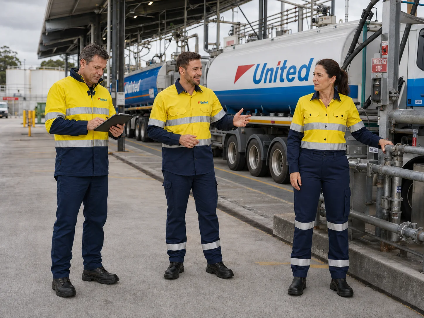 United Petroleum team members in high-visibility workwear at a United fuel terminal