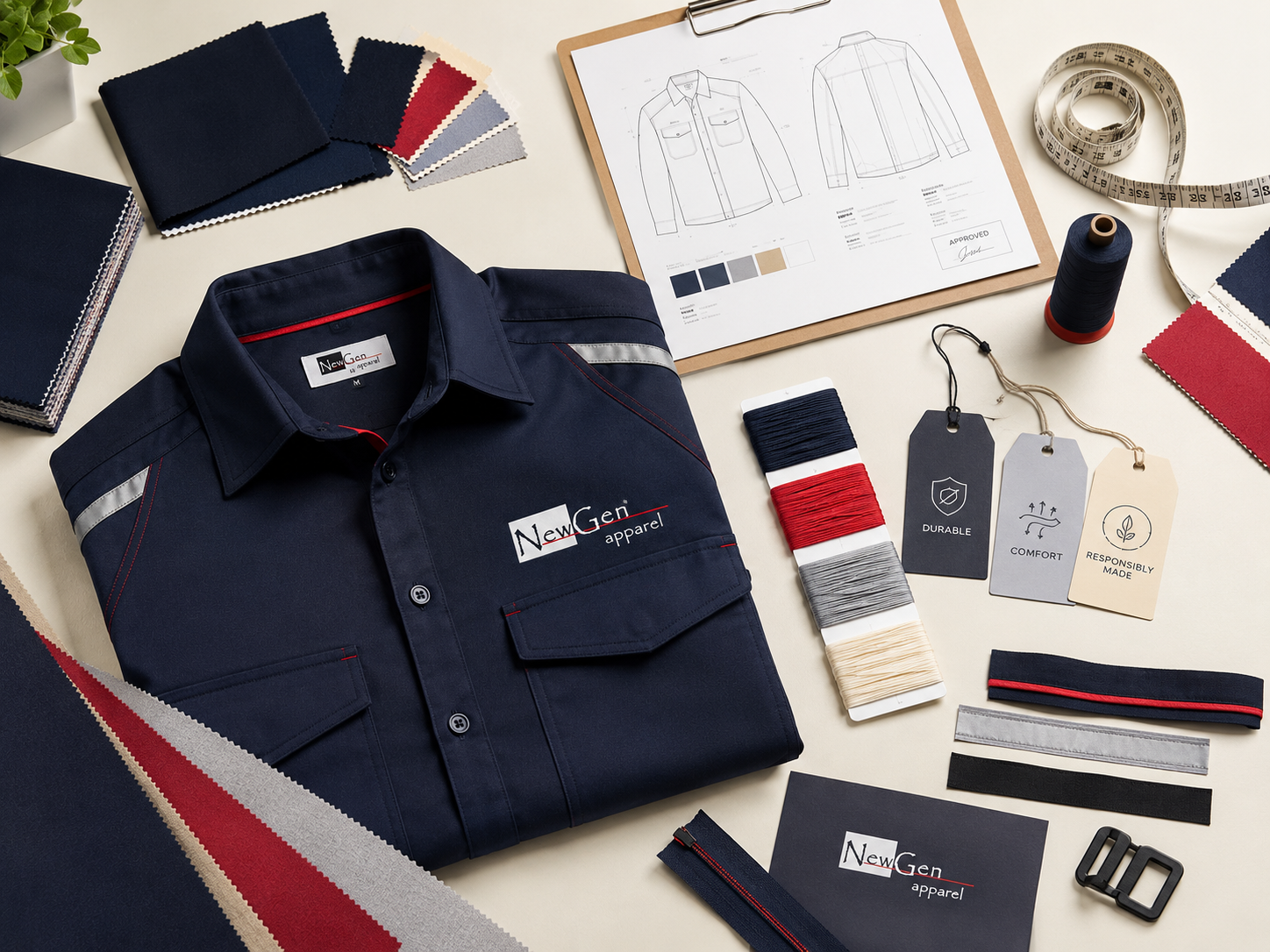 NewGen custom uniform development materials, fabric swatches and garment details