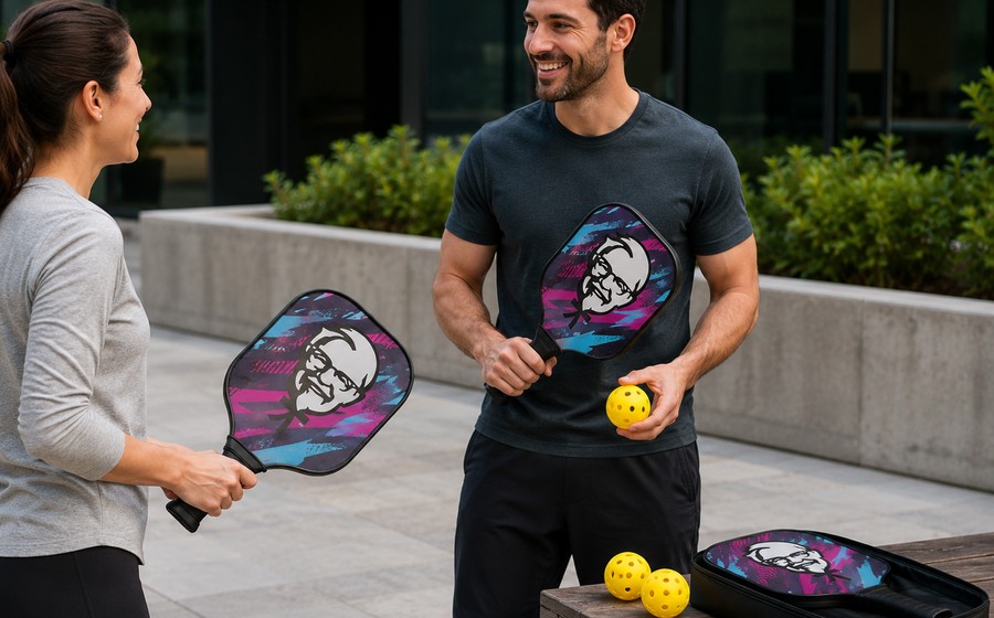 Branded pickleball set with paddles, balls and carry case