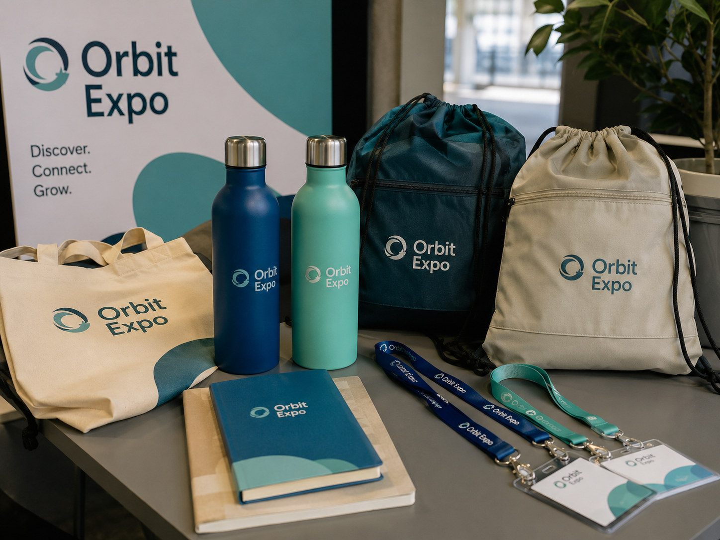 Branded event swag including bags and bottles for an expo or campaign