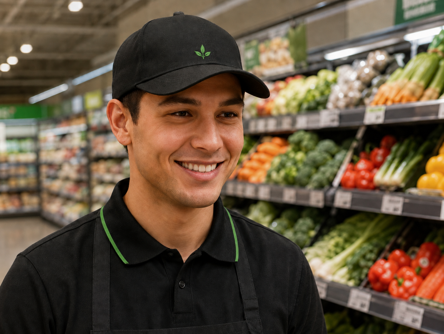 Supermarket team member wearing a branded black cap in the produce aisle