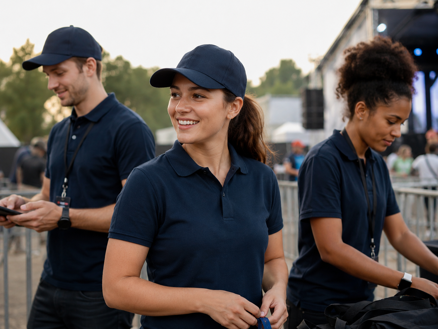 Event staff wearing coordinated navy uniforms and caps