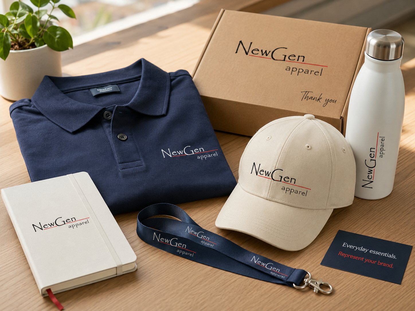 NewGen everyday branded merchandise pack with polo, cap, bottle, lanyard, notebook and box