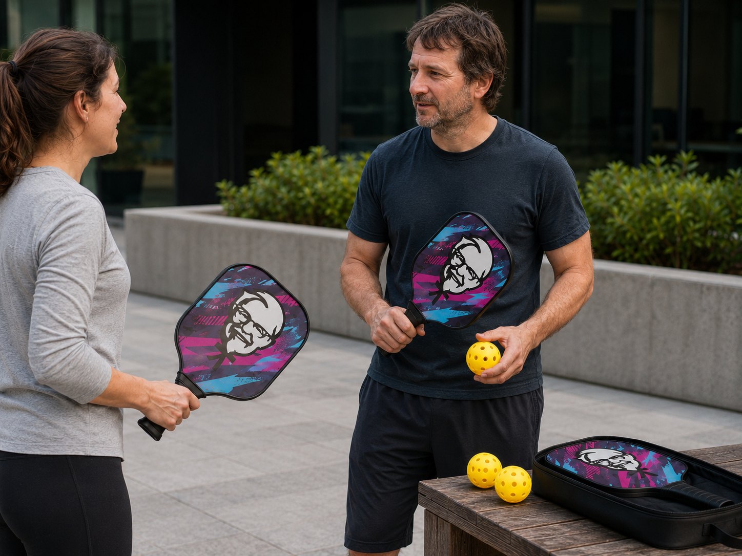 Branded pickleball paddles and balls in use, with matching carry case